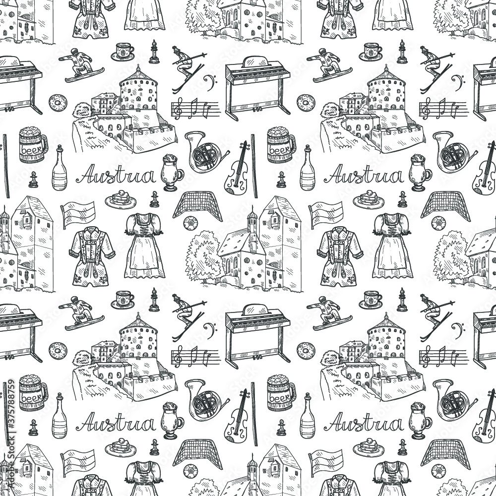 Seamless pattern with cute hand drawn Welcome to Austria icons. Vector sketch. Seamless pattern with cute hand drawn Welcome to Austria icons. Vector sketch.