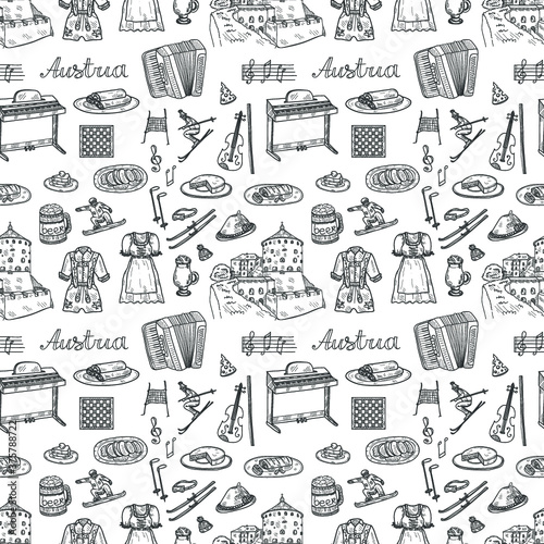 Seamless pattern with cute hand drawn Welcome to Austria icons. Vector sketch. 
