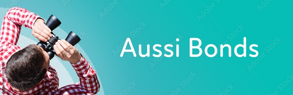 Naklejka premium Aussi Bonds. Mann bei Beobachtung mit Fernglas. Fokus auf Text/Wort. Panorama Format. Hintergrund blau/türkis.