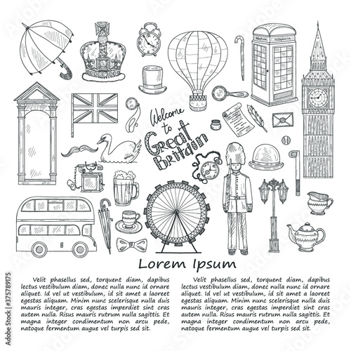  Illustration with Welcome to Great Britain hand drawn icons including Big Ben, crown, teapot, bus and others. Doodle vector UK related collection