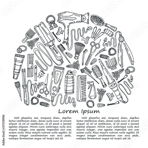 Illustration with hair styling tools: hair dryer, hair straightener, curling iron, comb, hairspray and other tools. Hand drawn vector hair styling collection