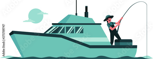 Fisher man fishing on the boat alone illustration