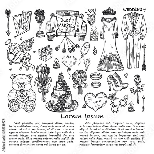 Illustration with cute hand drawn Wedding icons. Love collection. Vector