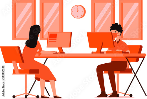 Wokers are keeping their distance while working at the office illustration