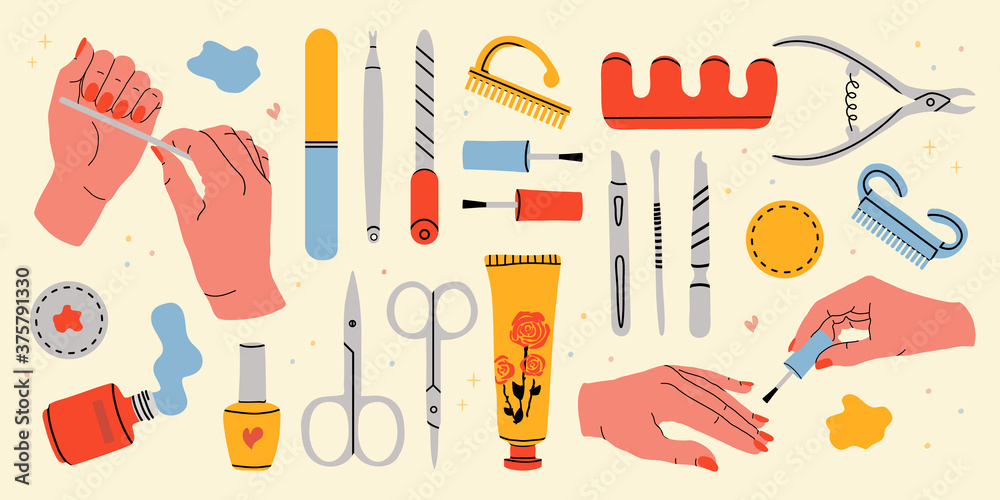 Fototapeta A large set of manicure tools. Gentle female hands with manicure. Collection of equipment for manicure and hand care. Color vector stock art. Nail file, cotton pad, hand cream, scissors, gel polish