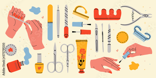 A large set of manicure tools. Gentle female hands with manicure. Collection of equipment for manicure and hand care. Color vector stock art. Nail file, cotton pad, hand cream, scissors, gel polish