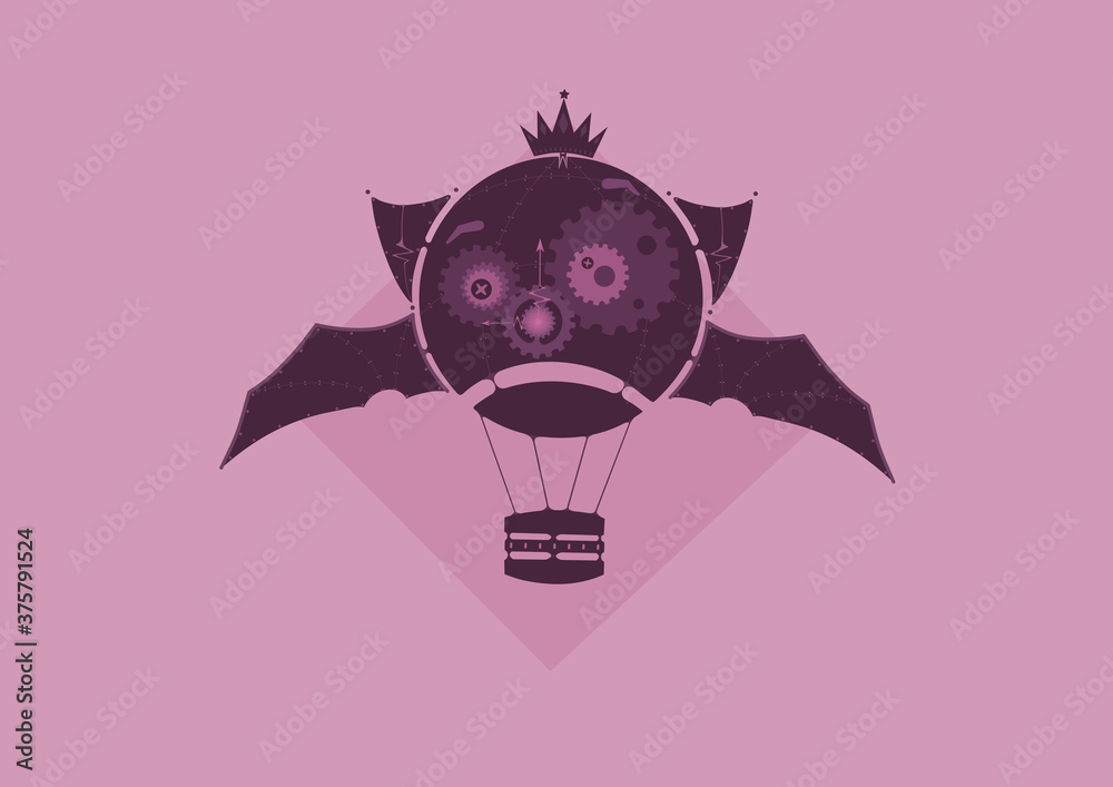 Illustration of bat balloon in geometric steampunk style. ( Monochrome : Purple)