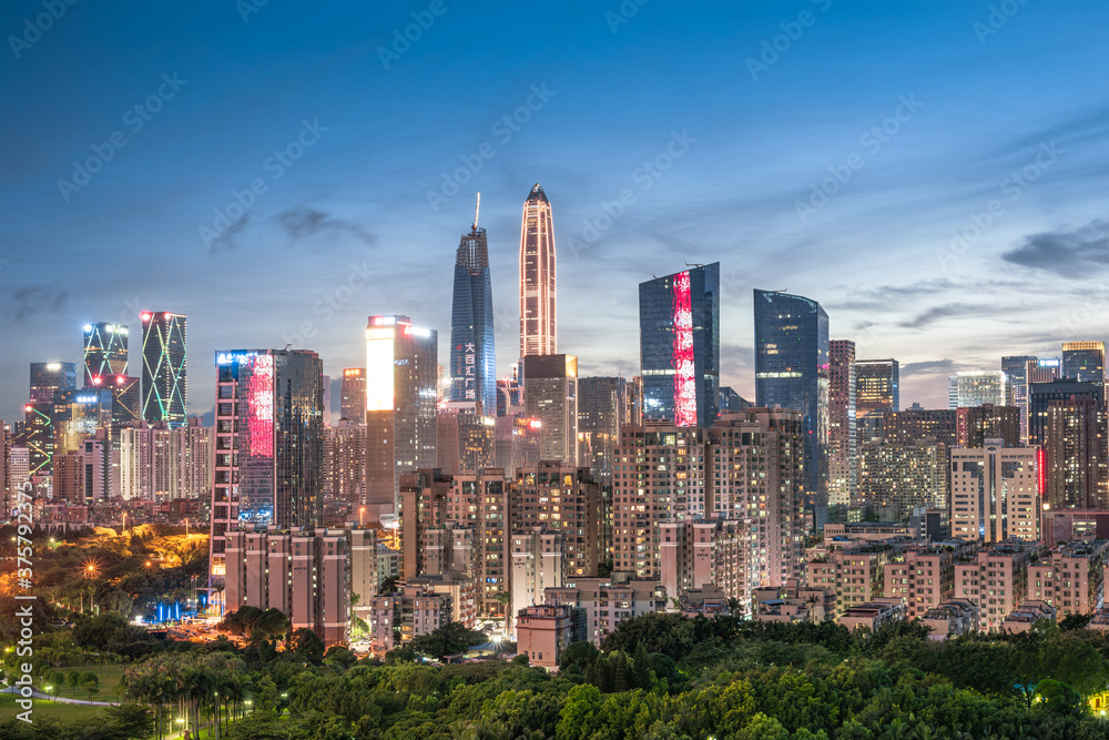 Naklejka premium Night view of the skyline of Futian CBD Financial District in Shenzhen