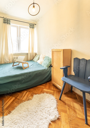 Interior with wooden furniture, students room, kitchen
