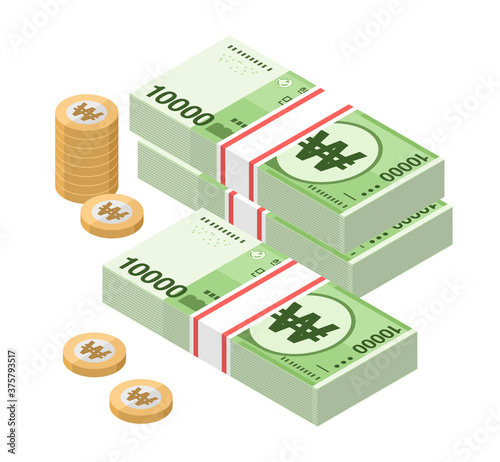 Isometric stacks of 10000 South Korean Won banknotes and coins. Ten thousand bills of Korea money. KRW currency notes. Flat style. Vector illustration.