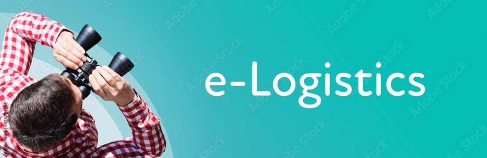 Fototapeta premium e-Logistics. Mann bei Beobachtung mit Fernglas. Fokus auf Text/Wort. Panorama Format. Hintergrund blau/türkis.