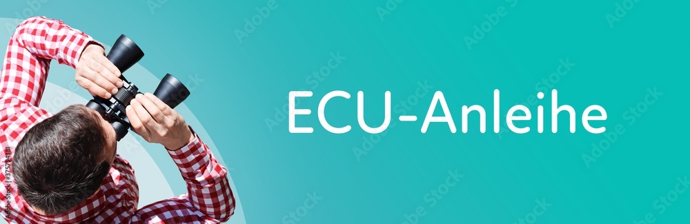 Fototapeta premium ECU-Anleihe. Mann bei Beobachtung mit Fernglas. Fokus auf Text/Wort. Panorama Format. Hintergrund blau/türkis.