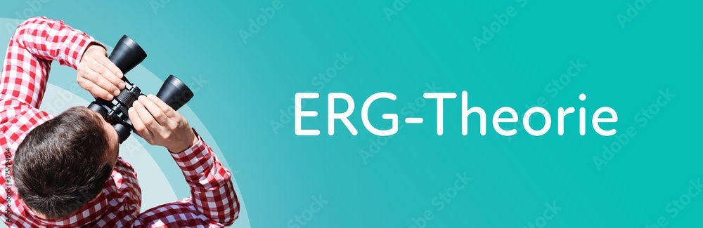 Fototapeta premium ERG-Theorie. Mann bei Beobachtung mit Fernglas. Fokus auf Text/Wort. Panorama Format. Hintergrund blau/türkis.