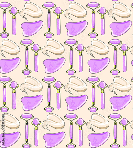 Seamless pattern of flat cartoon mint pink stone face massage roller and guache scraper. Essence awaiting massage. Stylish trendy print for packaging.  Isolated on beige background