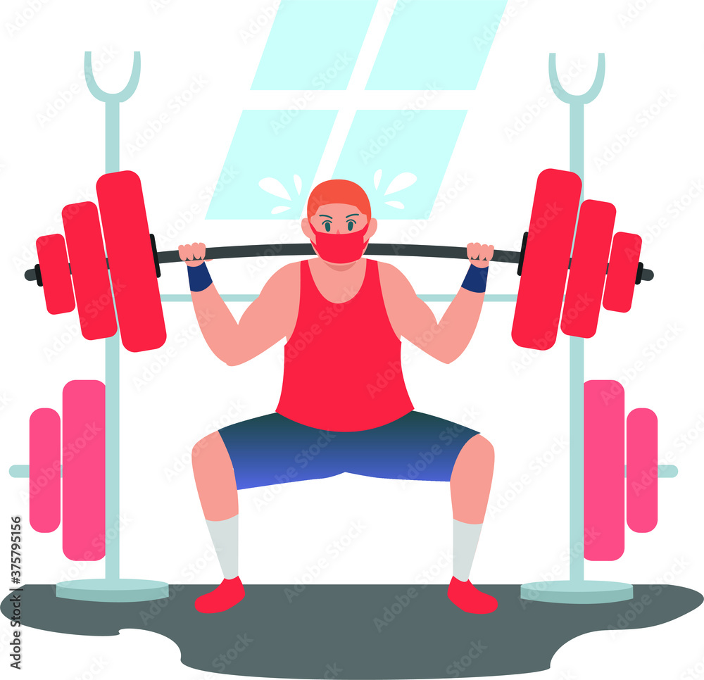 Fototapeta premium Strong masked man doing fitness using huge barbell for building his arm muscles illustration