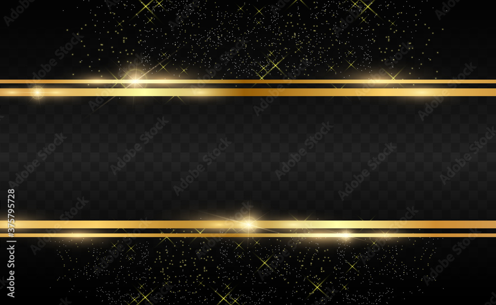 Obraz premium Gold glitter with shiny gold frame on a transparent black background. Vector luxury golden background.