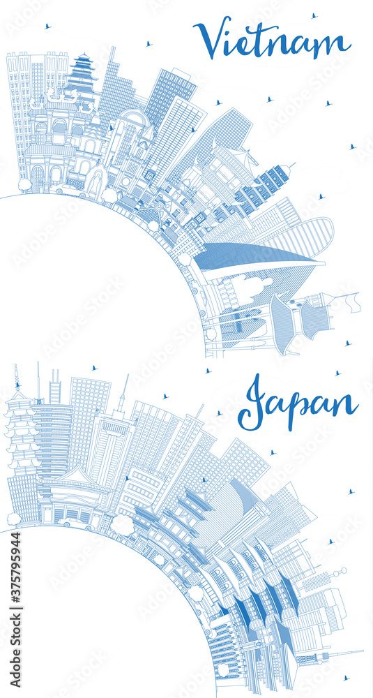 Outline Japan and Vietnam City Skylines Set with Blue Buildings and Copy Space.