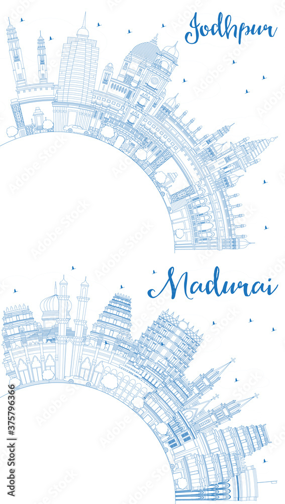 Outline Madurai and Jodhpur India City Skylines with Blue Buildings and Copy Space.