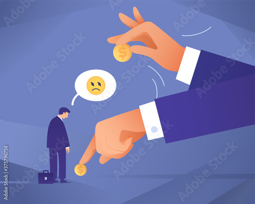 Cut of Salary - Metaphor business illustration. Huge Hand of employer takes away coin from tiny employee, offers lowest wage. Decrease in income of worker. Reduce pay concept. Wage cut