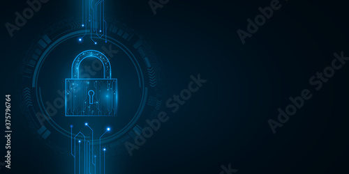Security futuristic lock in user interface with HUD elements. Password protection of computer system data. Glowing computer circuit board. Vector illustration.