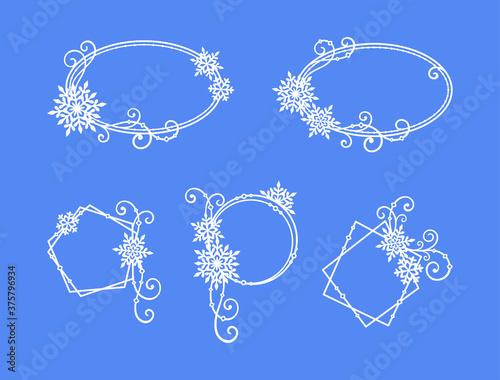 Christmas and New Year set of openwork frames with snowflakes and curls. Vector silhouette, design template for holiday greeting card, invitation, banner, festive decoration, laser and plotter cutting