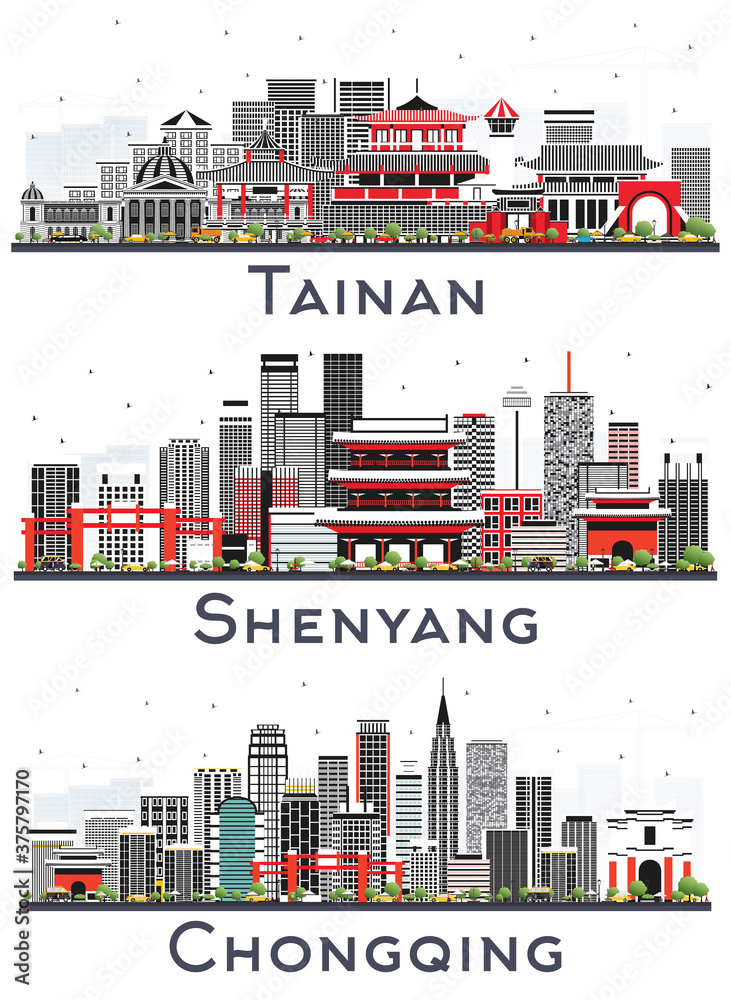 Shenyang, Chongqing China and Tainan Taiwan City Skylines Set with Gray Buildings Isolated on White.