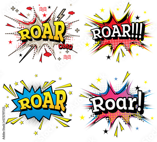 Roar Comic Text Set in Pop Art Style Isolated on White Background.