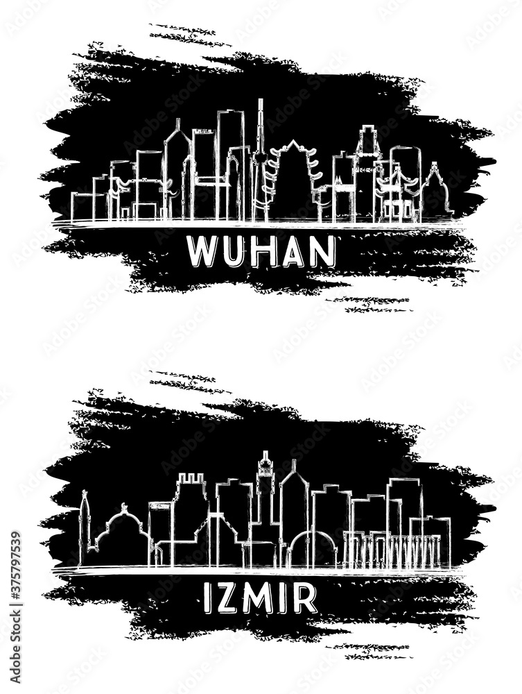 Izmir Turkey and Wuhan China City Skyline Silhouettes Set. Hand Drawn Sketch.