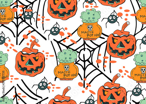 Halloween vector background. Seamless pattern with cute and fun Halloween characters Pumpkin Jack o Lantern and  Spiders. photo