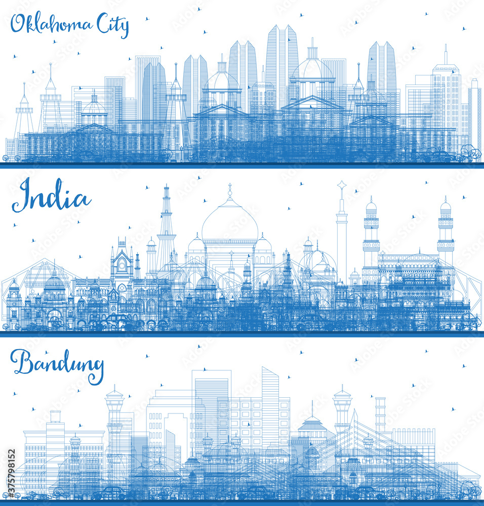 Outline Oklahoma City, Bandung Indonesia and India City Skylines Set with Blue Buildings.