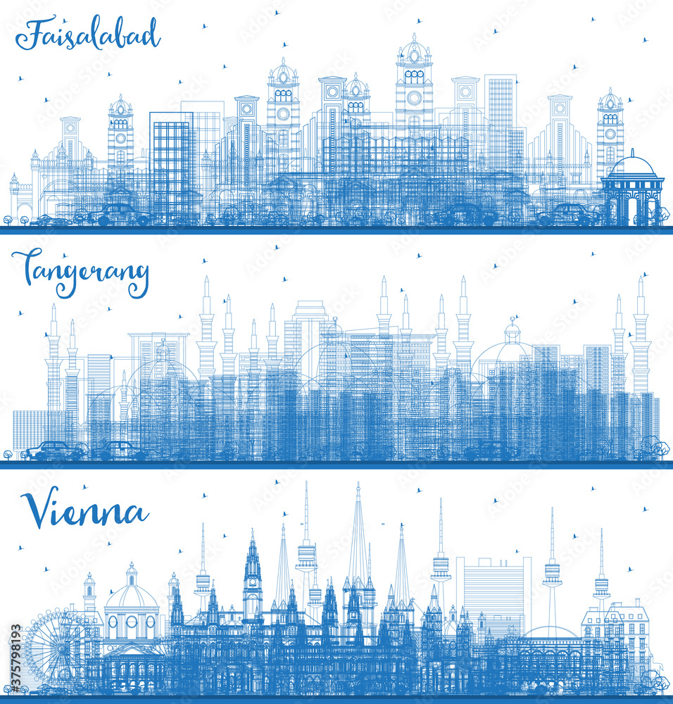 Outline Faisalabad Pakistan, Vienna Austria and Tangerang Indonesia City Skylines Set with Blue Buildings.