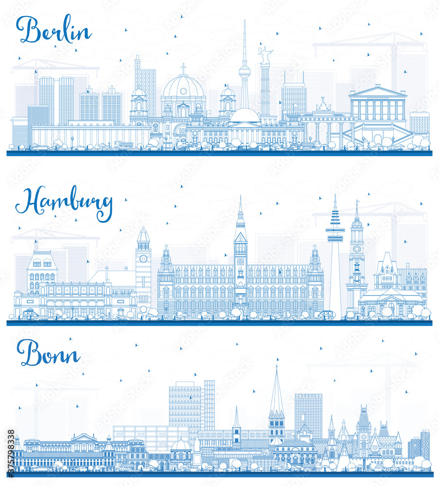 Outline Berlin, Bonn and Hamburg City Skylines Set with Blue Buildings.