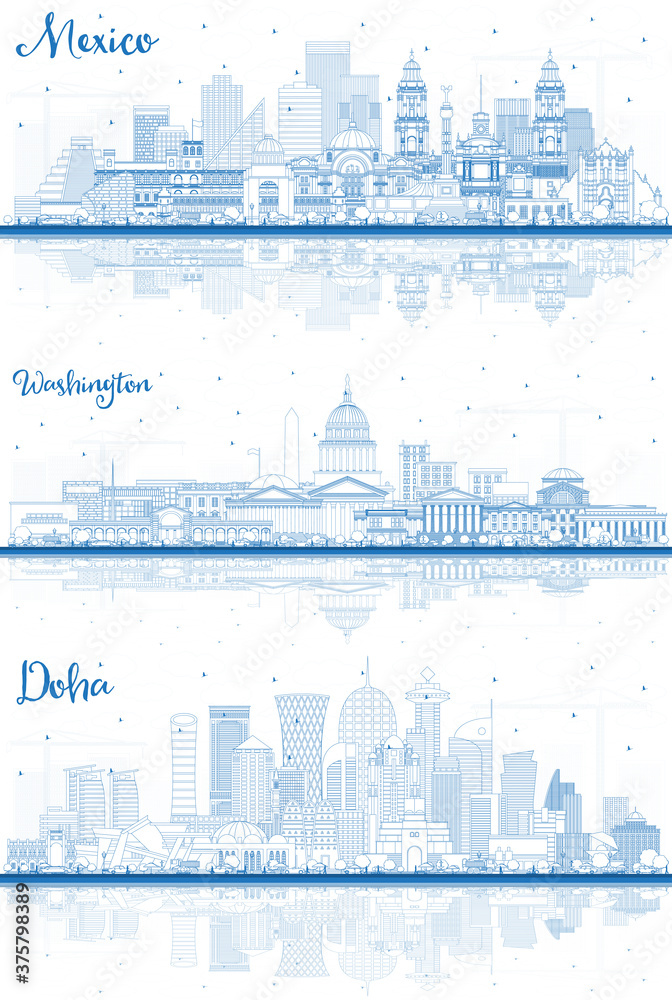 Outline Mexico, Doha Qatar and Washington DC USA City Skylines Set with Blue Buildings and Reflections.