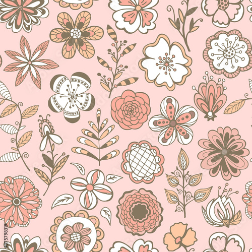 Hand drawn seamless pattern of blooming flowers, leaves with patterns. Spring floral set elements. Colorful doodle sketch illustration for design card, invitation, wallpaper, wrapping paper, baby room