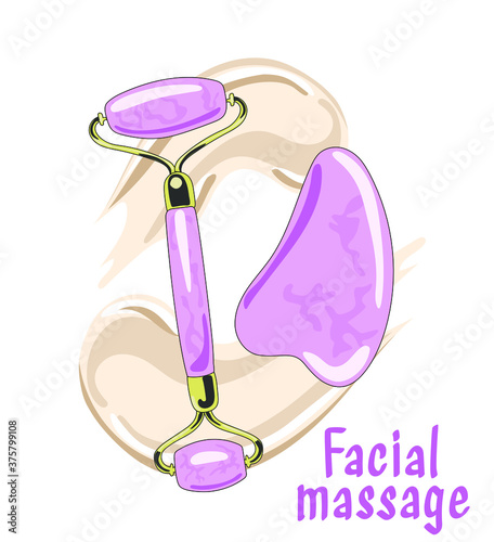Flat cartoon mint pink stone face massage roller and gua che scraper. Essence awaiting massage. Stylish trendy print for packaging.  Isolated on white background