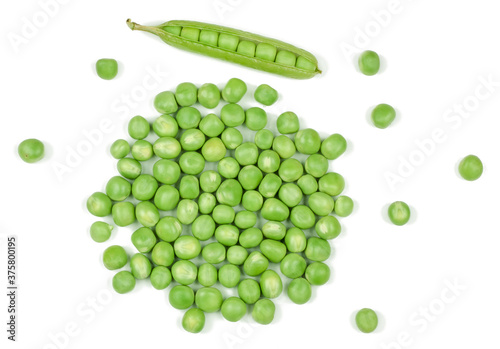 Fresh green peas isolated on white background. top view