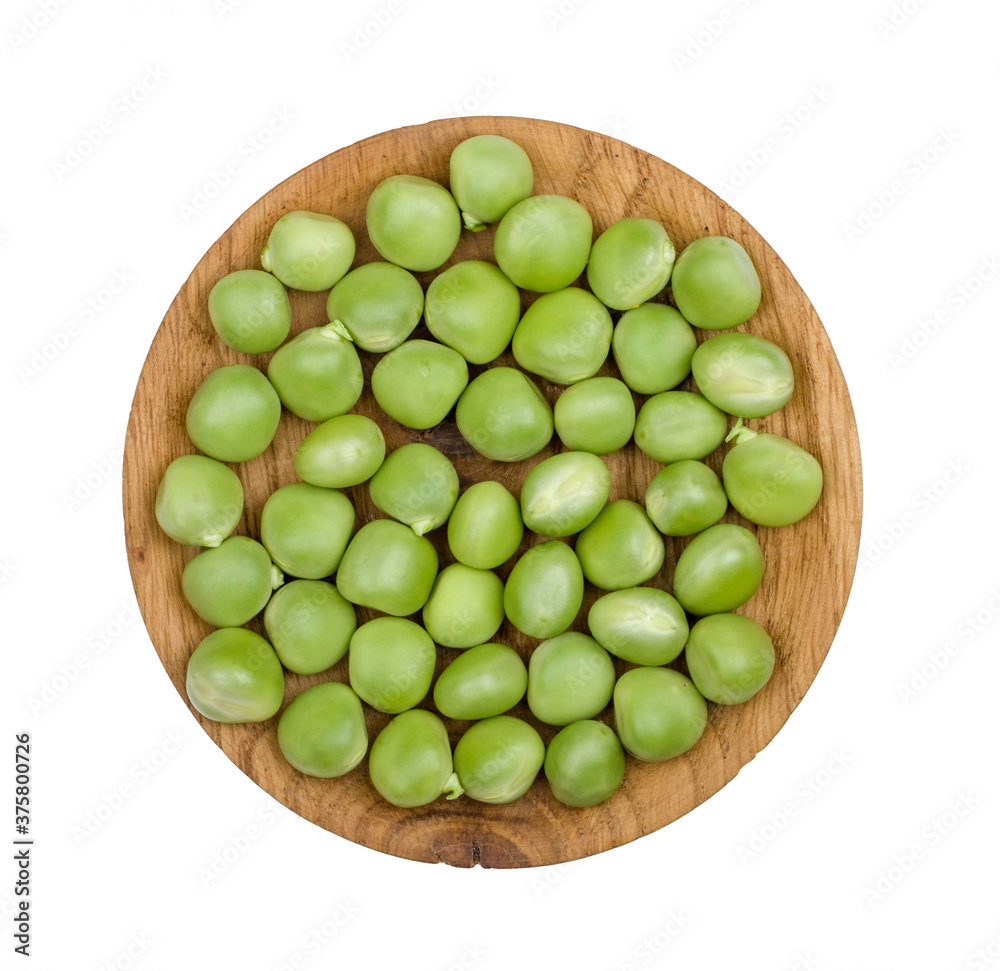 Fresh green peas isolated on white background. top view