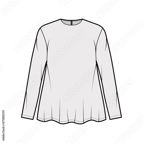 Boyfriend shirt technical fashion illustration with crew neckline  long sleeves  oversized  flare hem  back zip fastening. Flat apparel template front grey color. Women men unisex top CAD mockup