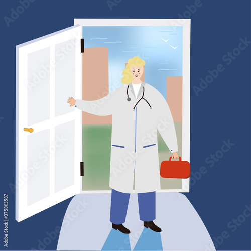 doctor at home. A female doctor enters the house through the door. For help with coronavirus, the doctor comes to the patient s home.