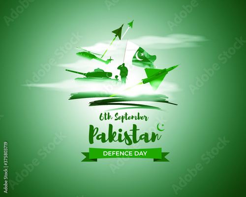 Vector illustration of Pakistan defence day, 6th september, pakistan flag, soldier with rifle and helmet, airforce craft and army tank.