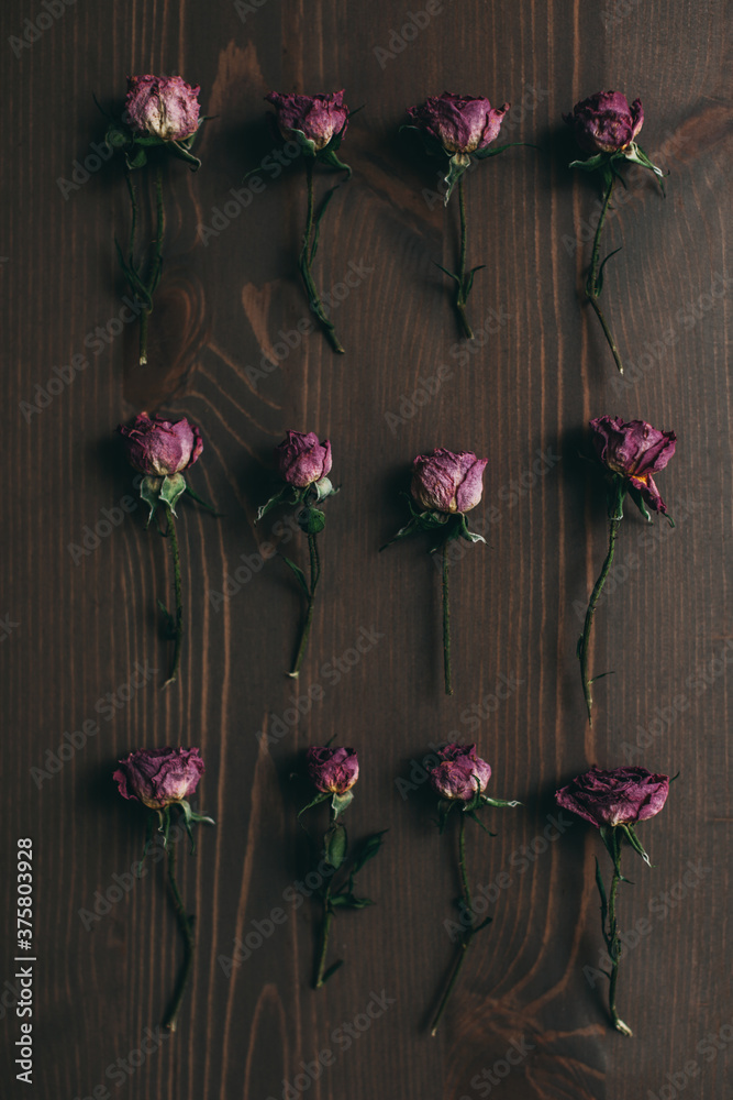 Dried roses on wooden background. Dried roses on wooden background.