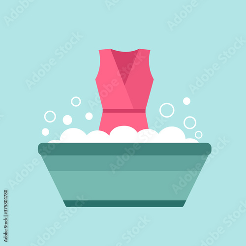 Cleaning clothes concept vector illustration. Clean dirty woman dress by hand washing to prevent germs, bacteria and coronavirus in flat design.