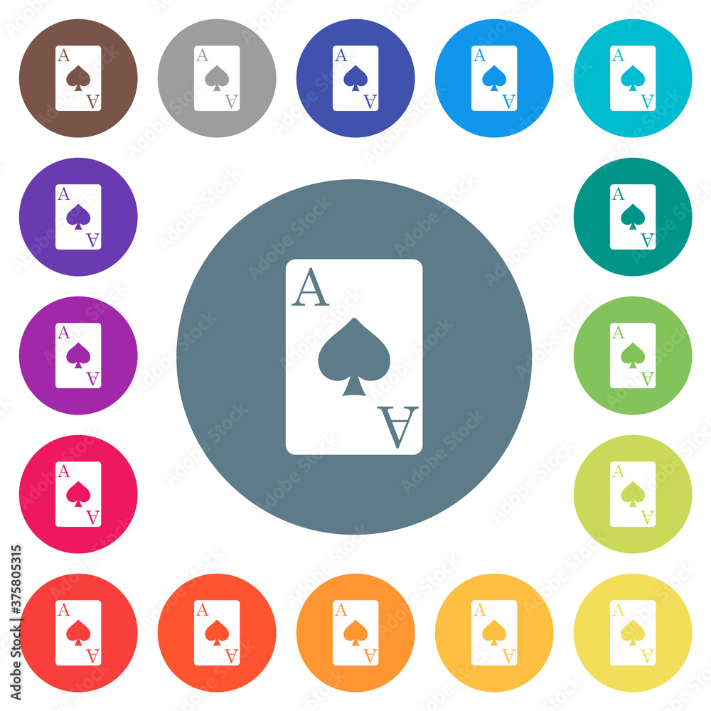 Ace of spades card flat white icons on round color backgrounds Ace of spades card flat white icons on round color backgrounds