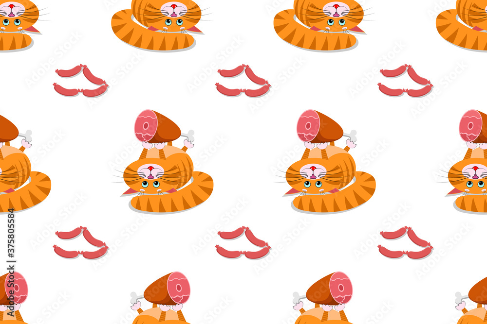 A cute cartoon red fat cat holds in its paws big appetizing ham. Seamless ornament, texture, pattern, background and template. Vector