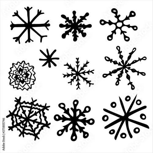 Hand drawn black and white doodle sketch snowflakes illustration. Vector set of snow for xmas  christmas and new year.