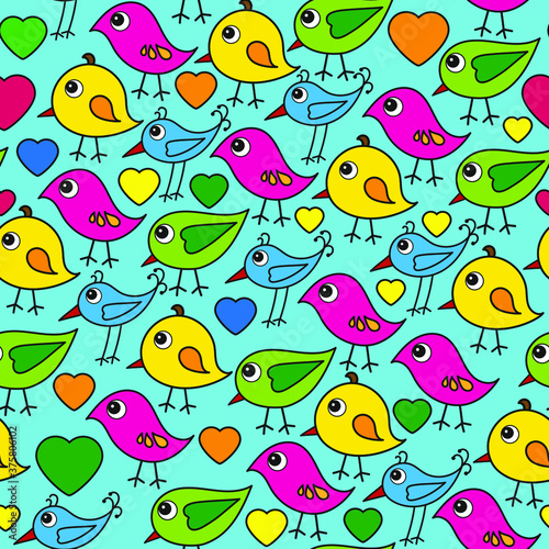 Pattern of bright birds with hearts on a blue background