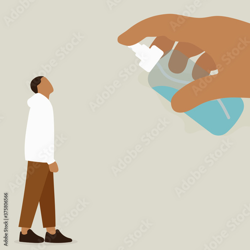 Hand sprinkles antiseptic on a male character