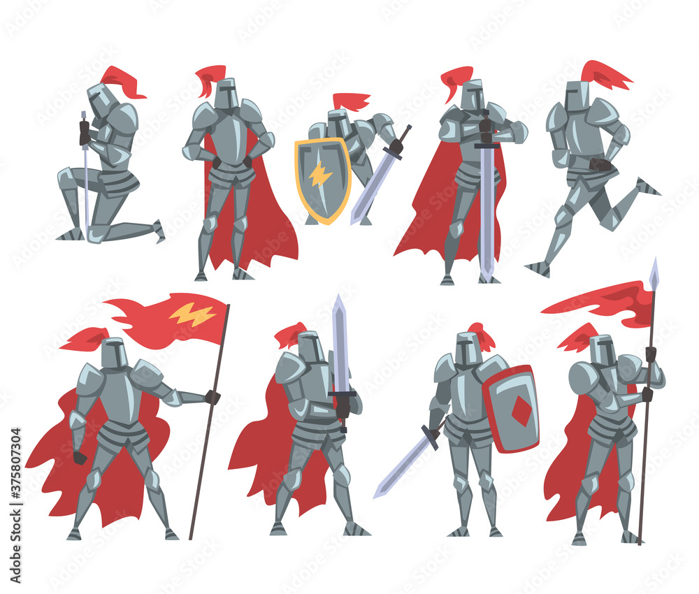 Medieval Knights Set, Chivalry Warrior Characters in Full Metal Body Armor with Weapon Cartoon Style Vector Illustration