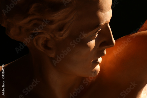 Ritratto di giovane uomo, primo piano di testa in terracotta di provenienza europea, scultura su fondo scuro photo