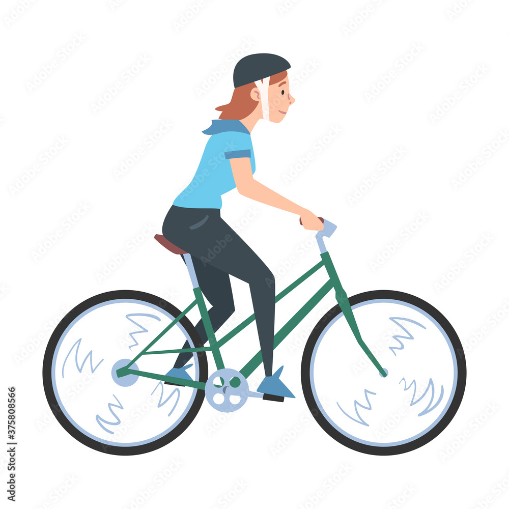 Young Woman Riding Bicycles, Side View of Girl in Sportswear and Safety Helmet on Bike, Active Healthy Lifestyle Concept Cartoon Style Vector Illustration Young Woman Riding Bicycles, Side View of Girl in Sportswear and Safety Helmet on Bike, Active Healthy Lifestyle Concept Cartoon Style Vector Illustration